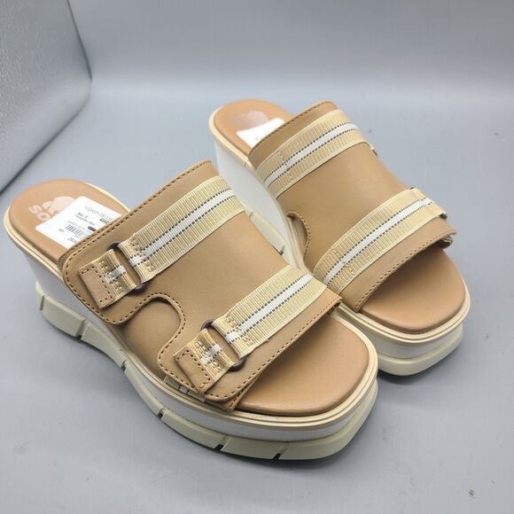 Sorel Women Sz 6/ 37 sandals Joanie III Beige Chalk Wedge Slide Leather new - Picture 2 of 7